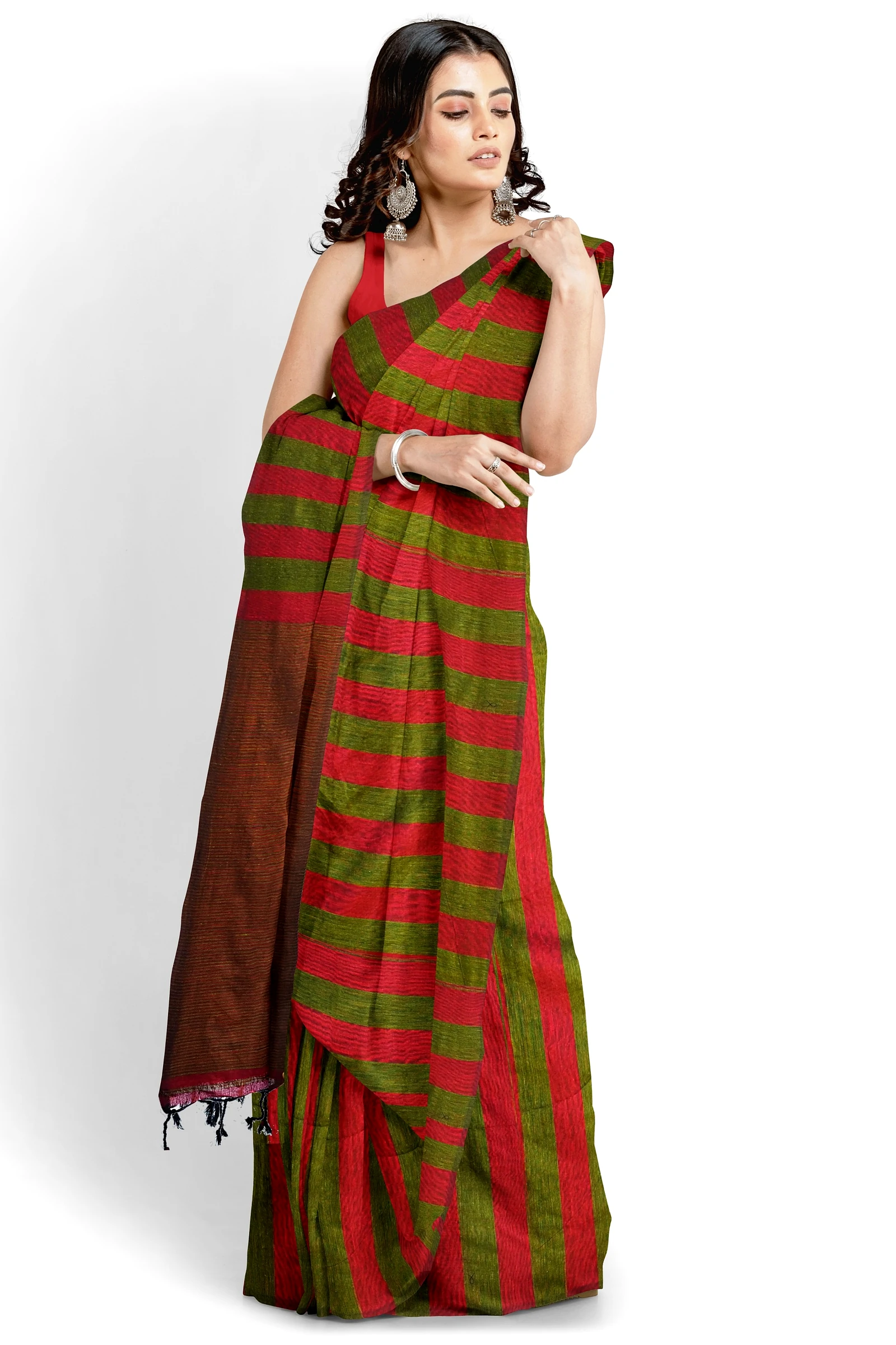 Red Green Pure Cotton Tejal Hand Loom Saree (1200)